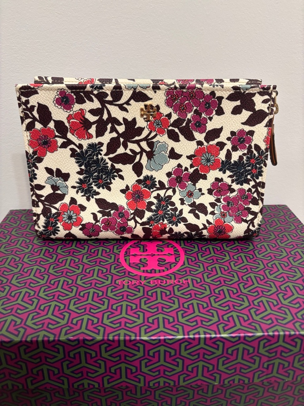 Tory Burch Cream Floral Zip Cosmetic Pouch with Red & Pink Blooms